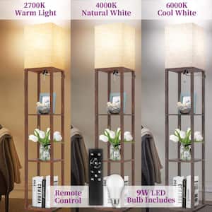 63 in. Brown Dimmable Column Shelf Floor Lamp with Beige Shade and Remote Control