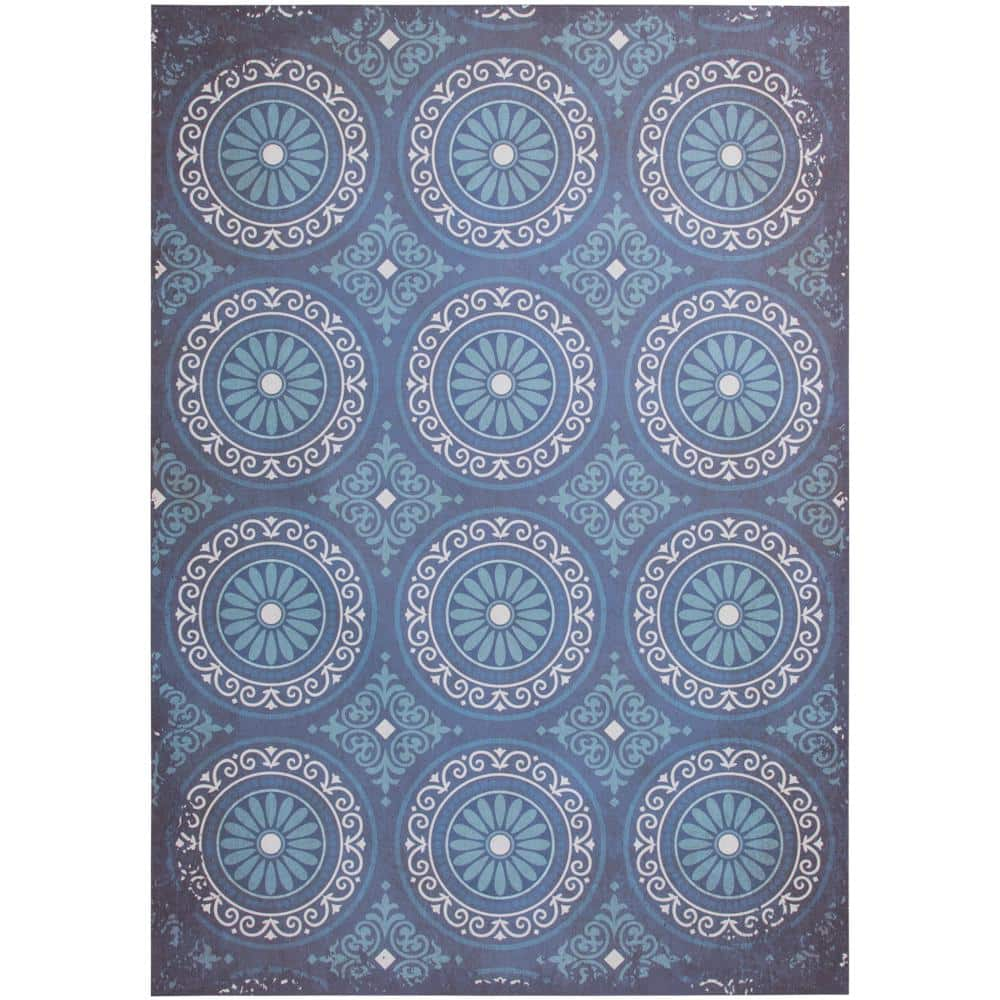 FLOOR ART Quince Navy/Blue 5 ft. x 7 ft. Medallion Vinyl Rectangle Area Rug  8214.42.51 - The Home Depot