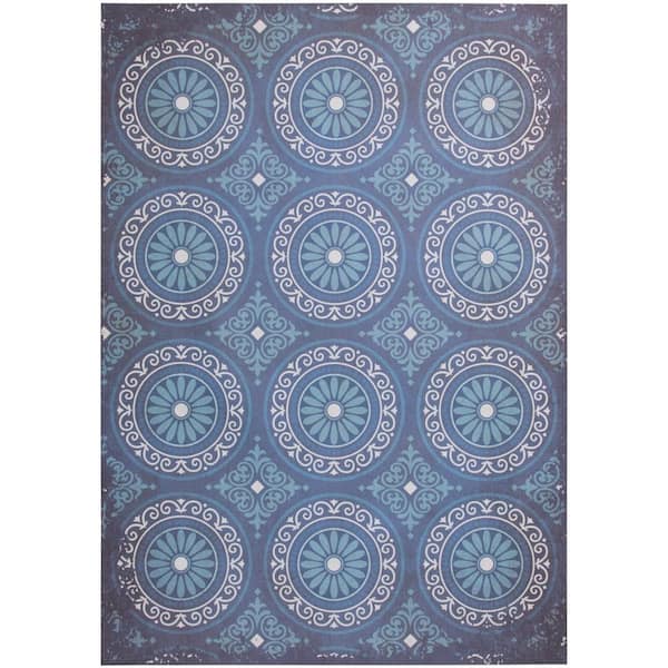 Quince Navy/Blue 5 x 7 Medallion Vinyl Area Rug