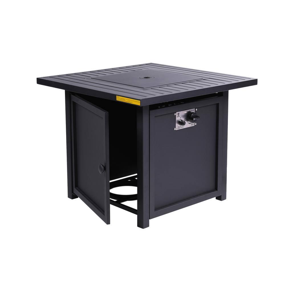 50,000 BTU Black Metal Outdoor Fire Pit Table with Slat Top and Lid