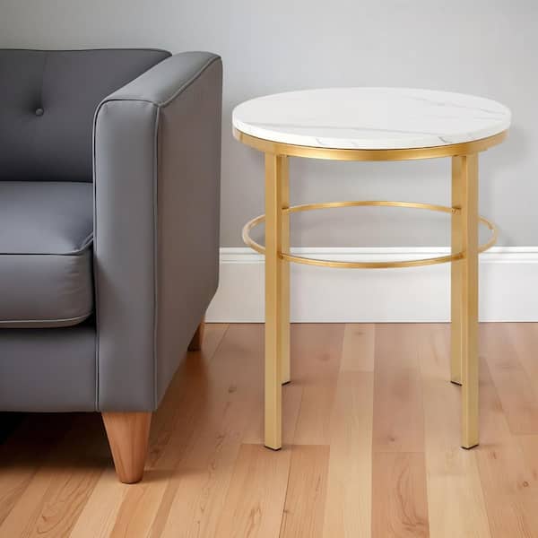HomeRoots 20 in. Brass Round Faux Marble End Table