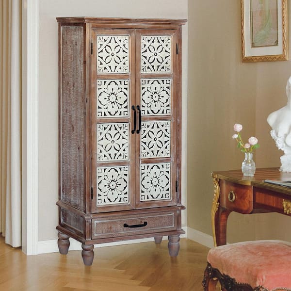 Wood 55.12 in. Tall Tower Storage Cabinet with Storage for Home Decor and Organization Chic Cabinet in Natural+White