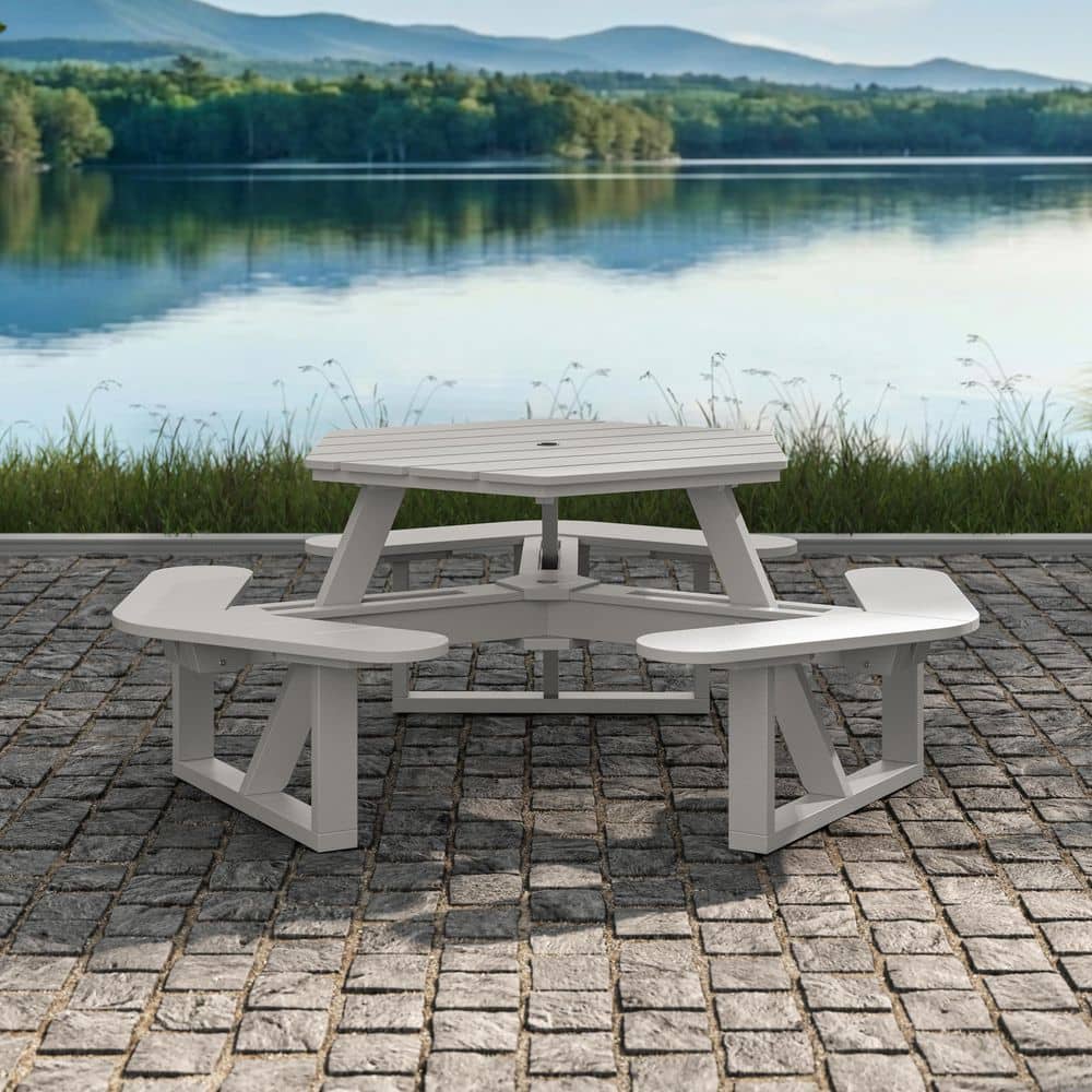 Shoreline 74 in. Cove Gray Hexagon HDPE Plastic Picnic Table Seats 6 People with Umbrella Hole price history on PriceWatchPro