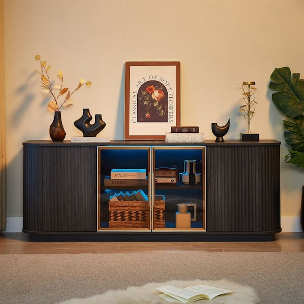 64 in. Black Wavy TV Stand with LED Lights-Aluminum Door Framed Tempered Glass Cabinet and MDF Media Cabinet