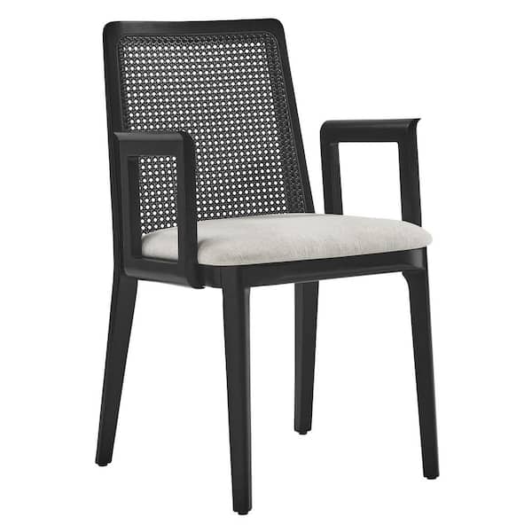 Monarch Wood Dining Accent Armchair with Cane Back and Padded Seat in Black Black Heathered Weave Ivory