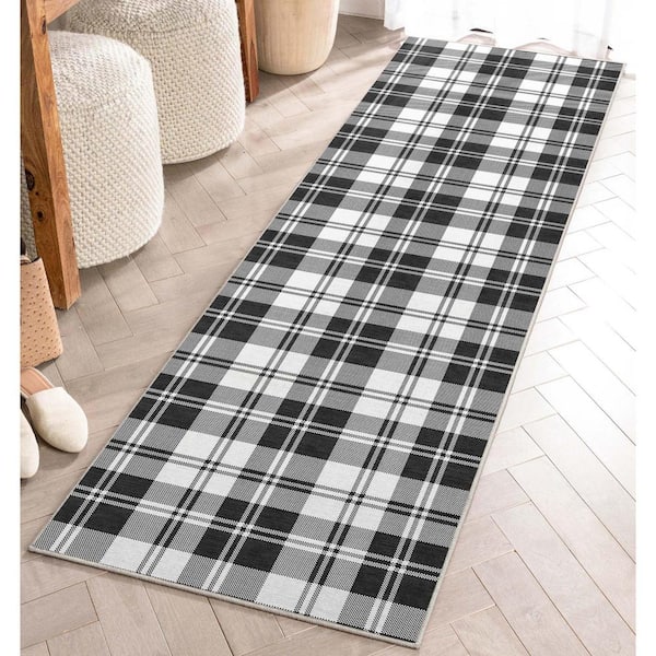 Black 2 ft. 3 in. x 7 ft. 3 in. Apollo Plaid Farmhouse Geometric Runner Area Rug