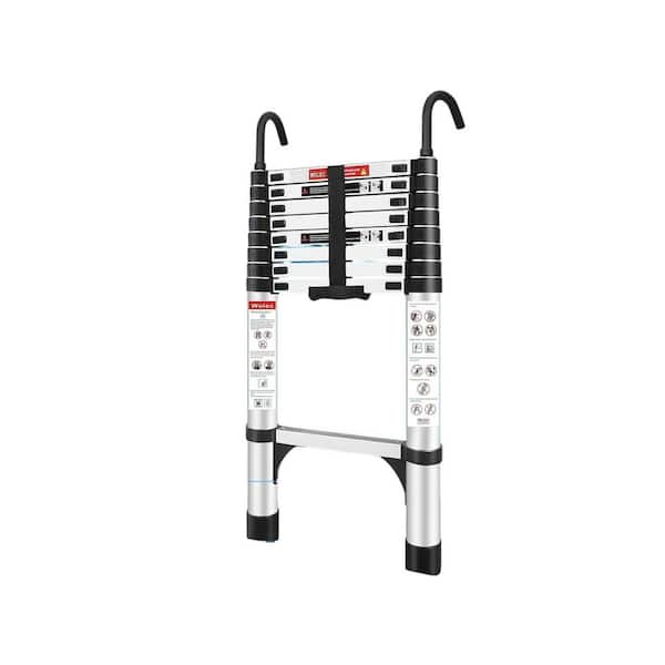 Telescoping Ladder 8.5 ft. Aluminum Lightweight Portable Ladder Hook Stabilizers Wheels 330 lbs. Max Reach 30.5 in. H