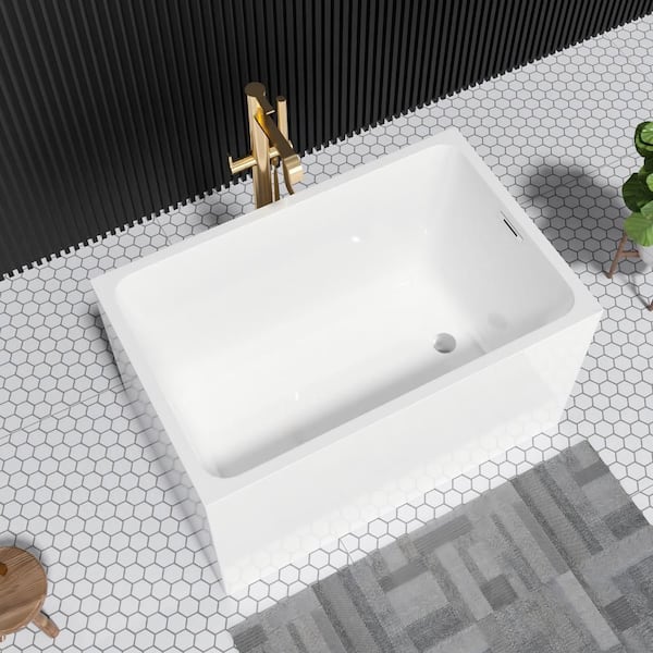 WetBase 47 in. x 28 in. Acrylic Freestanding Bathtub Rectangle Shape Soaking Bathtub in Glossy White with Overflow, Pop-Up Drain