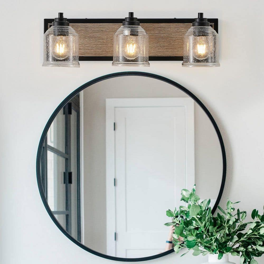 23 in. 3-Light Farmhouse Vanity Light Fixturet Wall Sconce with Seeded Glass Shades,Rustic Black,Wood Backplate,No Bulbs price history on PriceWatchPro