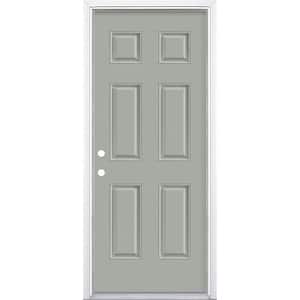 32 in. x 80 in. 6-Panel Silver Cloud Right-Hand Inswing Painted Smooth Fiberglass Prehung Front Door with Brickmold