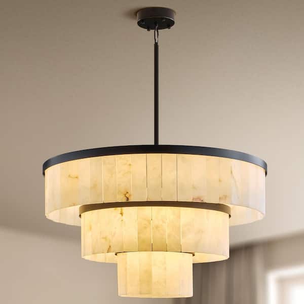 34 in. 16-Light Black Modern Chandelier, Round Chandelier w/ Alabaster Shade for Dining Room Living Room, Kitchen Island