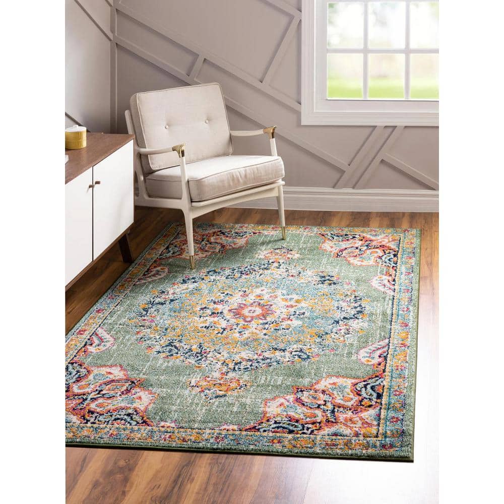 Green Rectangular Stain-Resistant Synthetic Area Rug