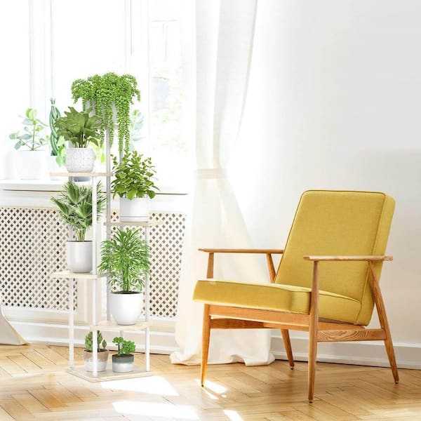 6-Tier White Wood Plant Stand with Tiered Shelves (11.8 in. H W x