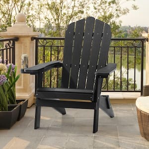 Folding Plastic Adirondack Chair Patio Outdoors Weather-Resistant Fire Pit Chair in All Black