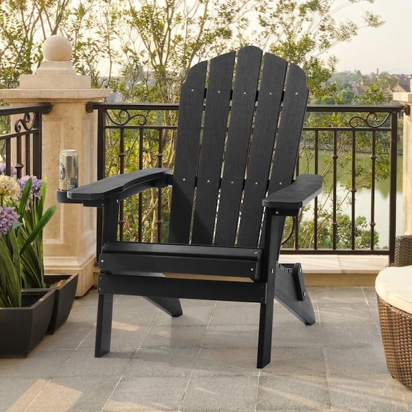 JOYESERY Folding Plastic Adirondack Chair Patio Outdoors Weather-Resistant Fire Pit Chair in All Black
