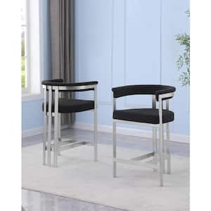 Riley 30 in. Black Color Low Back Metal Frame Matte Brushed Chrome Base Bar Stool With Boucle Fabric Set of 2