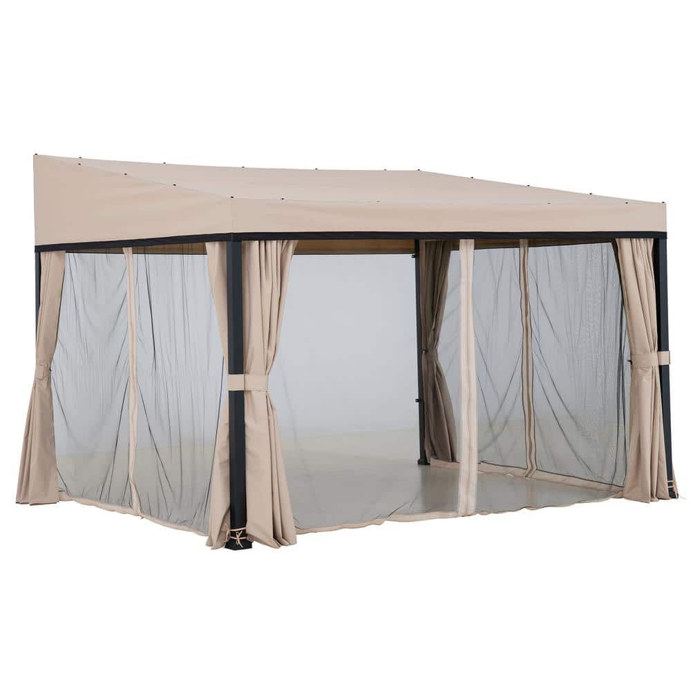 Sunjoy 10 x 12 ft Beige Aluminum Wall-Mounted Gazebo with Curtains