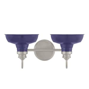 Elmcroft 18.25 in. 2-Light Brushed Nickel Farmhouse Vanity with Cobalt Blue Metal Shades