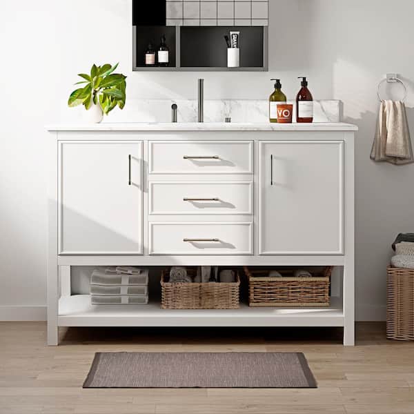 48 in. W X 22 in. D X 34.5 in. Single Basin Vanity in White with White Marble Top