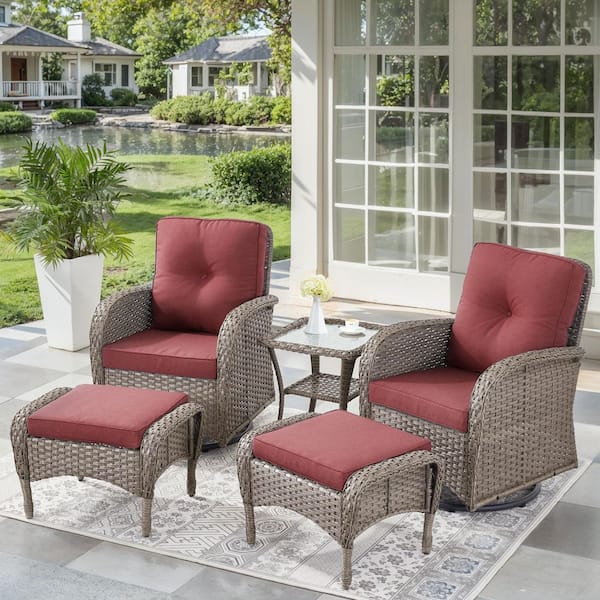 Bellefurn Rotavia 5-Piece Gray Wicker Patio Conversation Set with Swivel Rocking Chairs, Ottomans, Side Table and Red Cushions