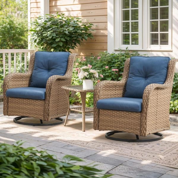 moosprr Modern Farmhouse 3-Piece Yellow Wicker Patio Conversation Set with Olefin Blue Cushions and Swivel Gliders/Side Tables