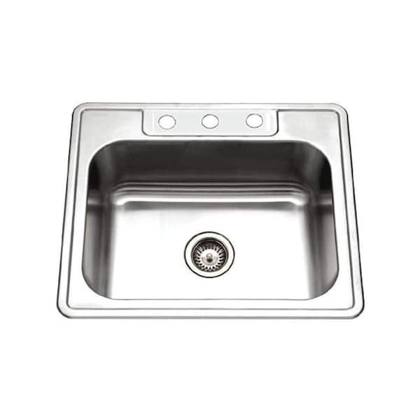 HOUZER Glowtone Topmount Stainless Steel 21" Single Bowl Kitchen Sink, 3-Hole, 8"D, 2522-8BS3-1
