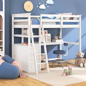 White Twin Size Loft Bed with Desk and Shelves