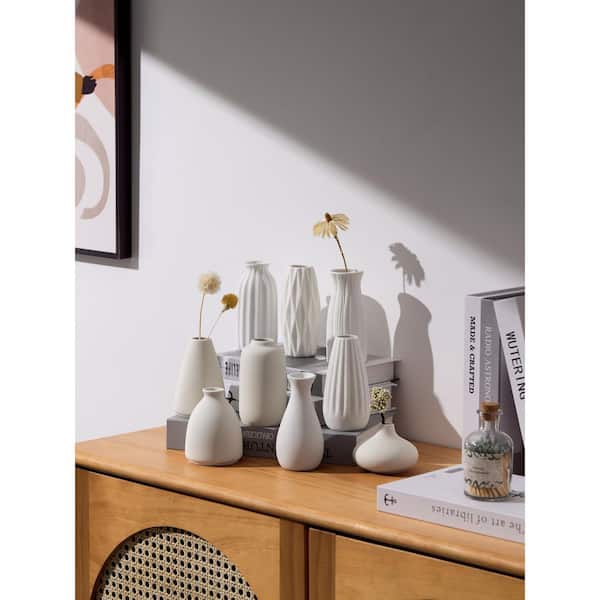 4.1 in. White Ceramic Artificial Plant Vase Set, 9-Piece, Neutral