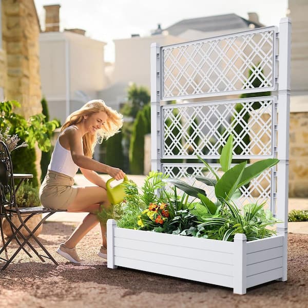 Planter Box Trellis, Outdoor Plastic Raised Garden Bed with Drain Plug for Climbing Plants (Ashen, 43.4 * 18.2 * 59.3)