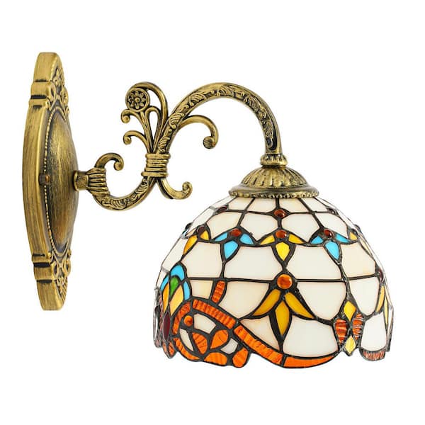 OUKANING 7.9 in. 1-Light Bronze Retro Tiffany Style Wall Sconce with Stained Glass Shades for Hallway Bedroom Living Room Decor