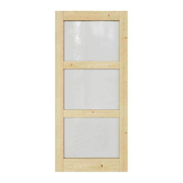36 in. x 80 in. Unfinished Solid Core Pine Wood 3-Lite Tempered Frosted Glass Interior Door Slab