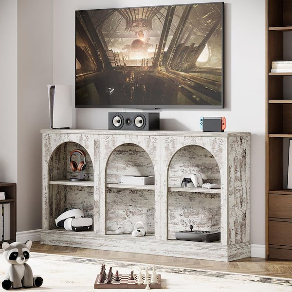 Tabor Distressed White TV Stand Entertainment Center Fits TVs up to 55 to 65 in. with 3 Tier Storage Home Living Room