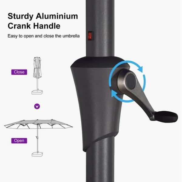 15 ft. Gray Aluminum Solar LED Lights Market Umbrella with Double-Sided Outdoor Patio Umbrellas with Base in Navy Blue