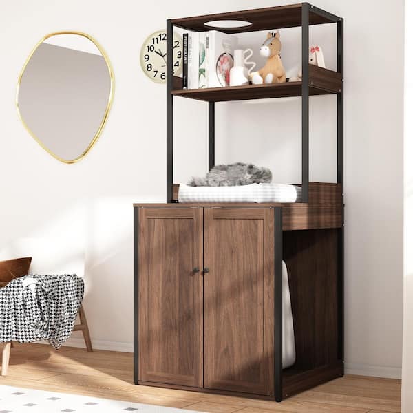 Cat Litter Box Enclosure Furniture with Shelves, Large Cat Washroom Furniture Cat House for Smart Litter Box, in walnut