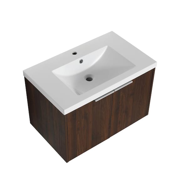 Satico 29.50 in. W x 18.10 in. D x 19.30 in. H Floating Wall-Mounted Bath Vanity in California Walnut with White Resin Top