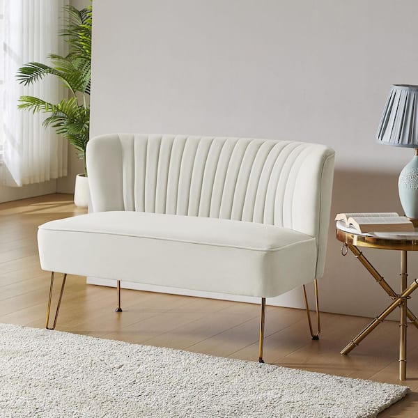 Alonzo 45 in. Contemporary Velvet Tufted Back Ivory 2-Seats Loveseat with U-Shaped Legs