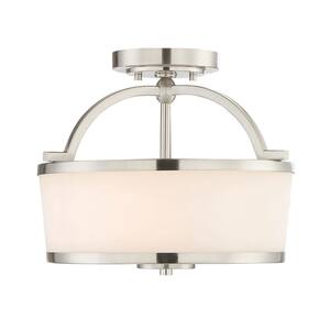 Hagen 13 in. W x 11.25 in. H 2-Light Satin Nickel Semi-Flush Mount Ceiling Light with White Etched Glass Drum Shade