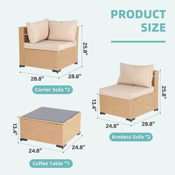 5-Piece Wicker Patio Conversation Sectional Seating Set with Beige Cushions