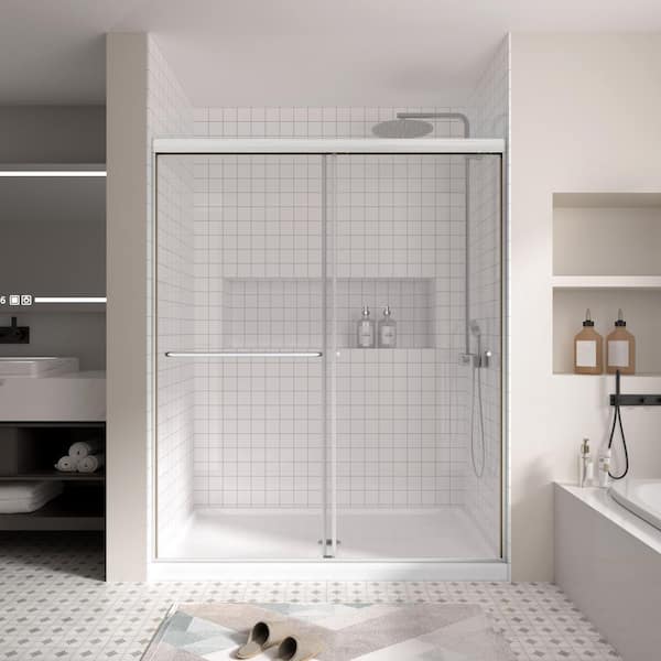 Double Sliding Glass Shower Door, 56-60 in. Wx72in.H 1/4 in. 6mm Semi-Frameless Shower Door for Bathroom, Brushed Nickel