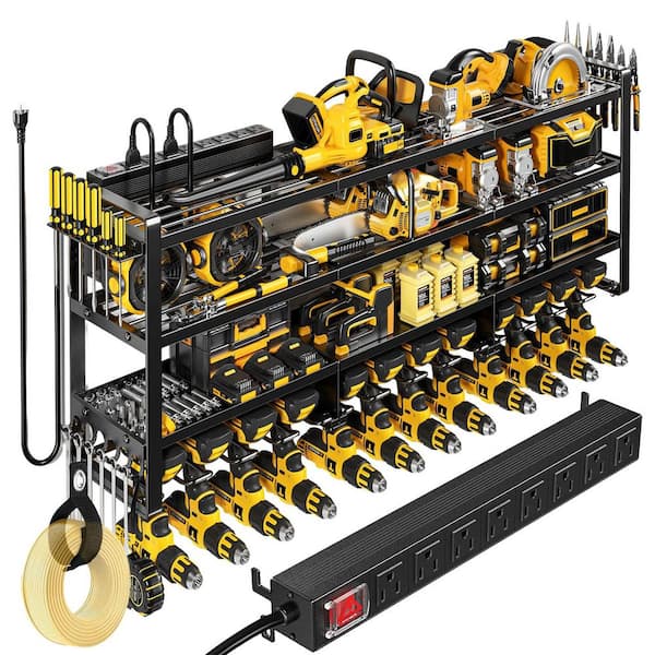 7.80 in. W Black Steel 4 Tier Wall Rack with Charging Station and 8 Outlet Power Strip for Cordless Tools