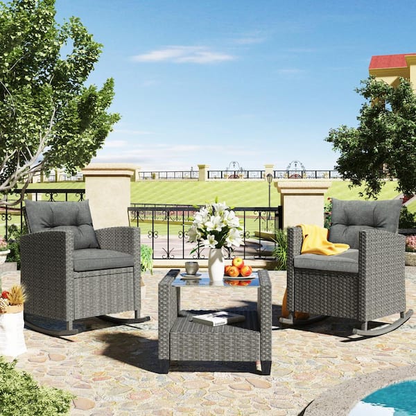 Unbranded Gray 3-Piece Wicker Patio Conversation Set with Gray Cushions