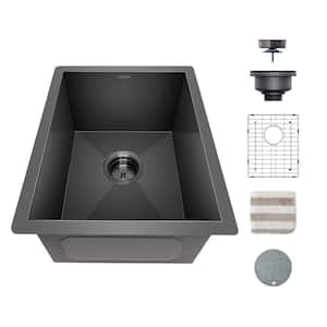 Stainless Steel 15 in. Black Single Bowl Undermount Kitchen Sink with Bottom Grid and Kitchen Sink Drain