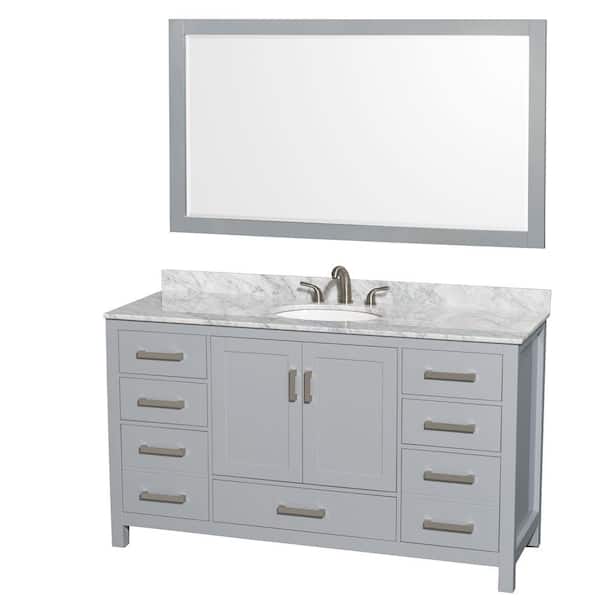 Wyndham Collection Sheffield 60 in. W x 22 in. D x 35 in. H Single Bath Vanity in Gray with White Carrara Marble Top and 58" Mirror