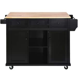 Black Wood 53 in. W Kitchen Island Cart with Drop Leaf, 2-Storage Cabinet, 3-Drawers, and Storage Rack