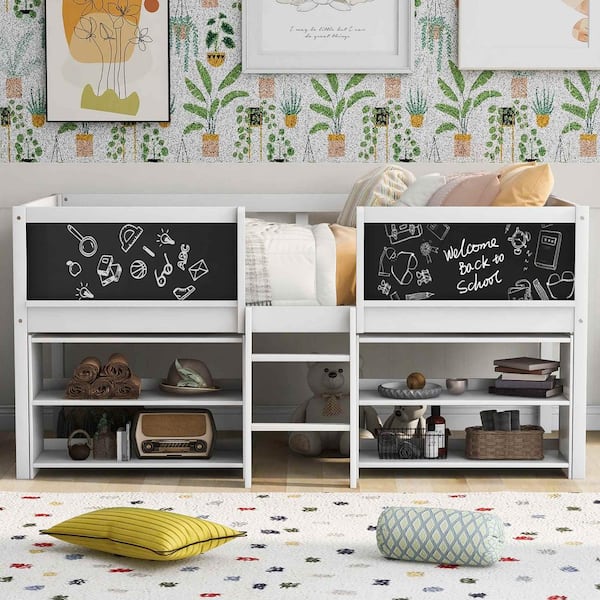 Twin Size Low Loft Bed with Two Movable Shelves and Ladder, with Decorative Guardrail Chalkboard, White