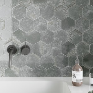 Alma Gray Hexagon 5.9 in. x 5.1 in. Polished Porcelain Tile Sample