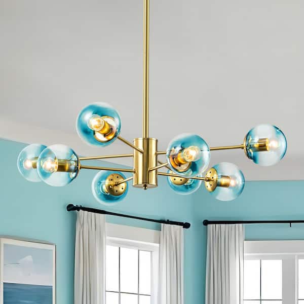 RRTYO Kaylee 8-Light Gold Sputnik Modern Linear Globe Bubble Chandelier with Gradient Blue Glass Shade