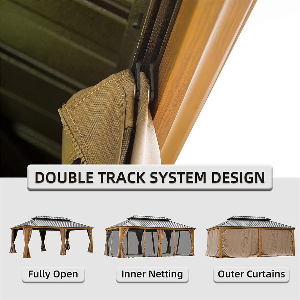 18' x 12' Brown Aluminum Hardtop Patio Gazebo with Curtains