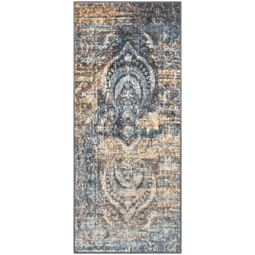 Blue-Beige Medallion Washable Runner Rug with Foam Backing