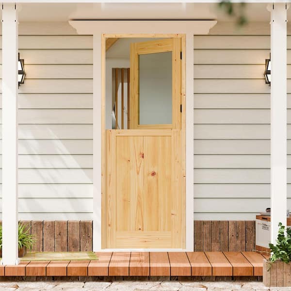 36 in. x 80 in. 1/2 Lite Frosted Glass Dutch Door Right-Hand Pine Wood Single Front Door Kit with Quick Assemble Jamb